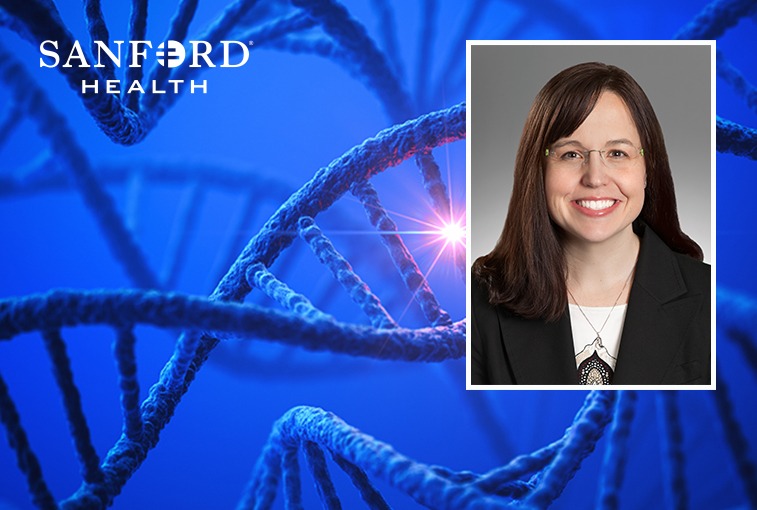 picture of woman smiling with a background of DNA