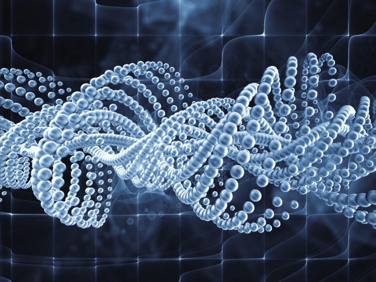 Creative arrangement of conceptual atoms, molecules and fractal elements on a blue grid representing subject of biology, chemistry, technology, science and education