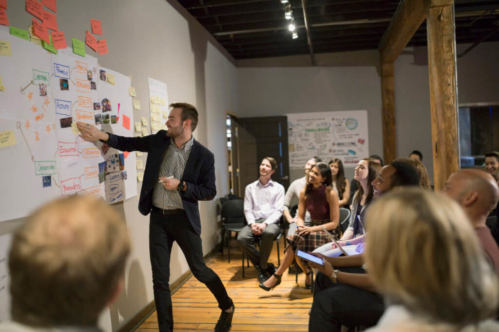 Man surrounded by e,ployees brainstorming on a white board