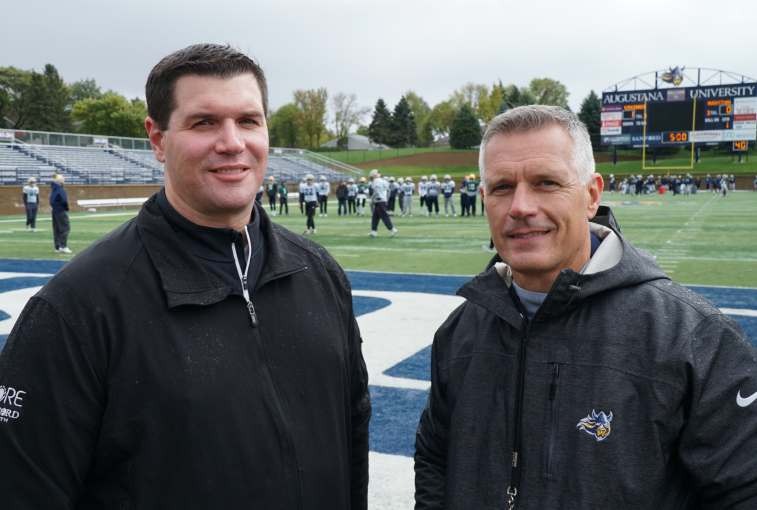 Thane Munce, an Augustana alum and sports science researcher at the Sanford Sports Science Institute, and Jerry Olszewski, head football coach for Augustana.
