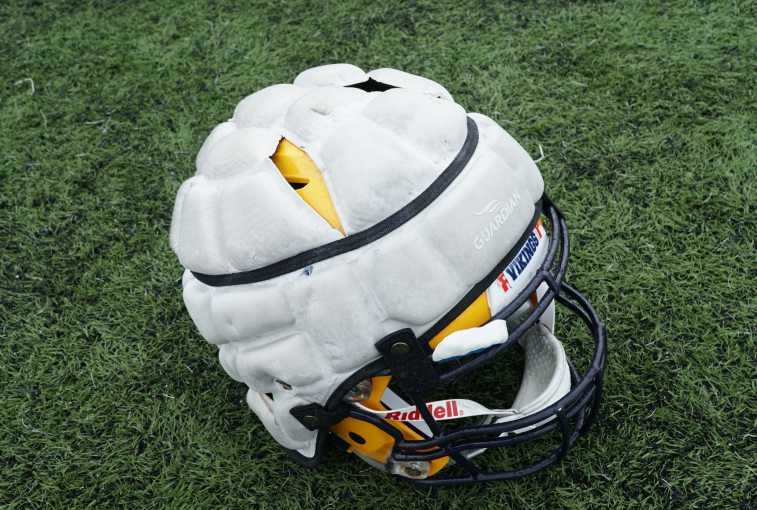One of the padded helmets Augie players wear during practice.