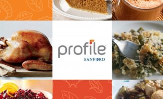 Six-photo grid with Profile by Sanford logo in the middle and Thanksgiving foods around it: turkey, green beans, cranberry sauce, pumpkin pie, cider, drumsticks.