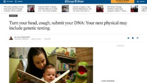 Chicago Tribune website screenshot with story headline "Turn your head, cough, submit your DNA" above mother reading to young child, with bookshelf and stuffed dinosaur in background.