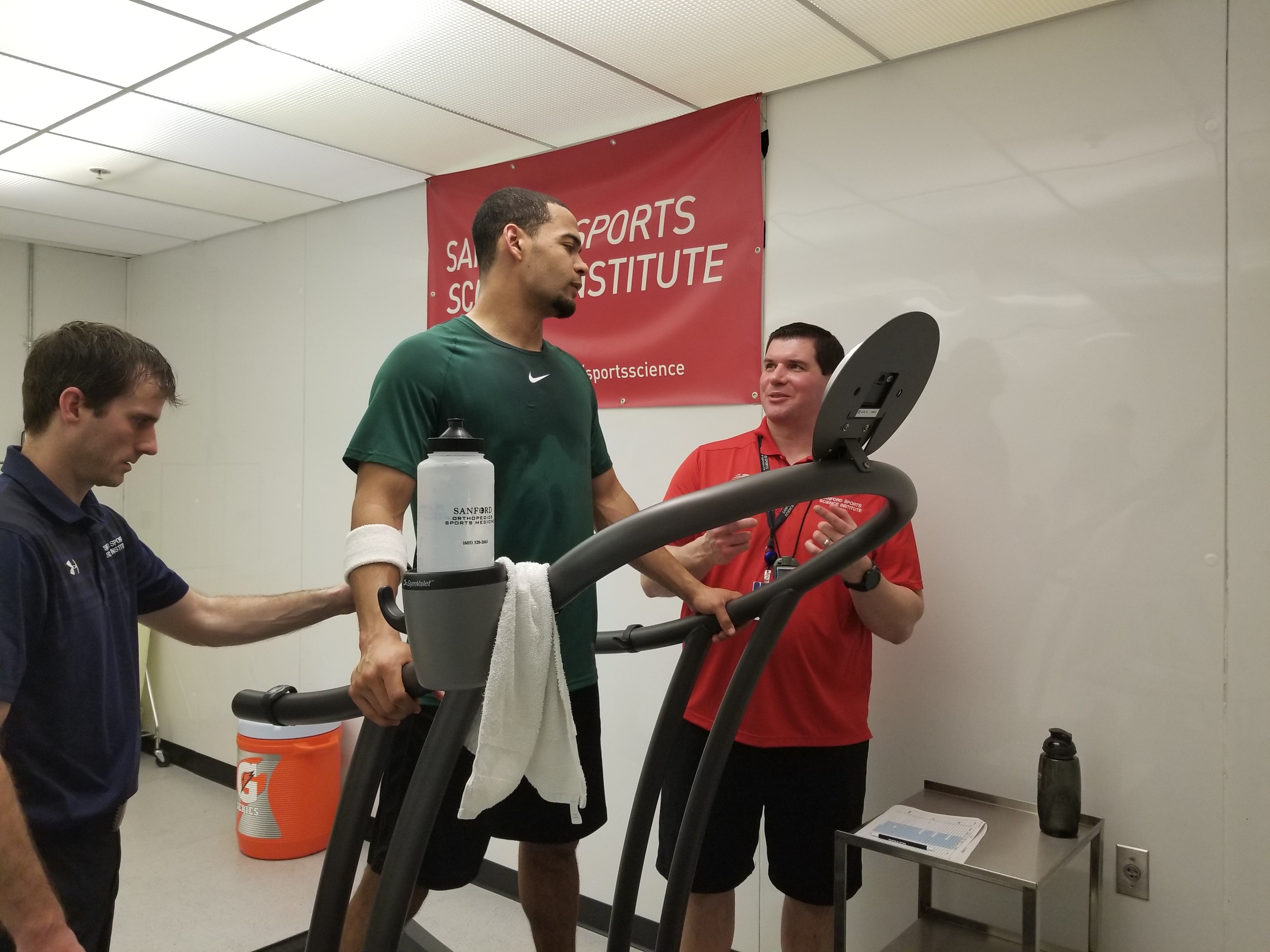 Darrius Shepherd participates in a hydration test at the Sanford Sports Science Institute. 
