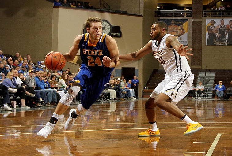 Mike Daum (24) from South Dakota State University has been named the Summit League Player of the Year three times. Photo by Dave Eggen/Inertia