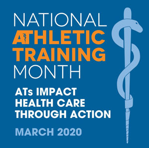Blue logo for National Athletic Training Month. ATs impact health care through action. March 2020.