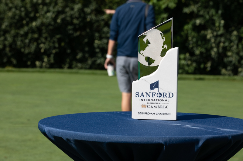 The Sanford International pro-am tournament trophy sits on display at Minnehaha Country Club.