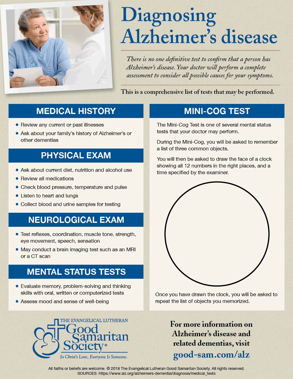 Animated infographic titled "diagnosing alzheimer's disease" lists the types of information your physician may gather in order to make a diagnosis: medical history, physical exam, and a mini cognition test.