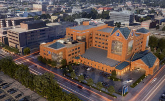 A rendering of Sanford Bismarck Heart Hospital from a bird's-eye-view of downtown Bismarck.