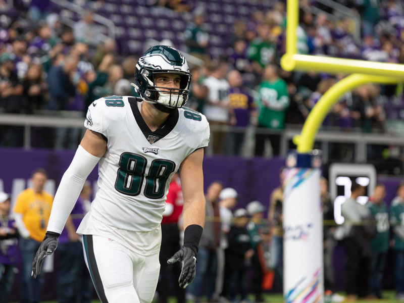 Eagles tight end Dallas Goedert was one of six Sanford Health NFL players on the field for the Vikings vs. Eagles game at U.S. Bank Stadium. (Photo by Lisa Johansen Aust, Sanford Health)