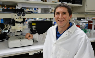Scientist L-J Pilaz wears a lab coat, seated at a lab bench at Sanford Research.