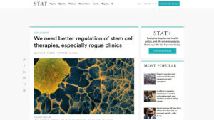 Stat news page with headline "We need better regulation of stem cell therapies, especially rogue clinics" with image of human stem cell.