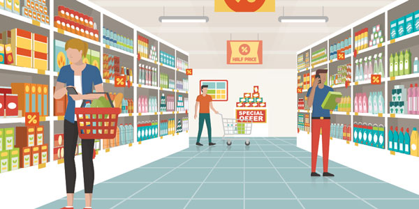 Illusration of a grocery aisle where three people practice social distancing by shopping 6 feet from each other.