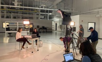 The Sanford Health News team prepares to film an interview about COVID19 testing at Sanford Laboratories in Sioux Falls, South Dakota.