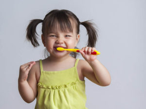 A toddler girl with pigtails brushes her teeth in an example of being independent