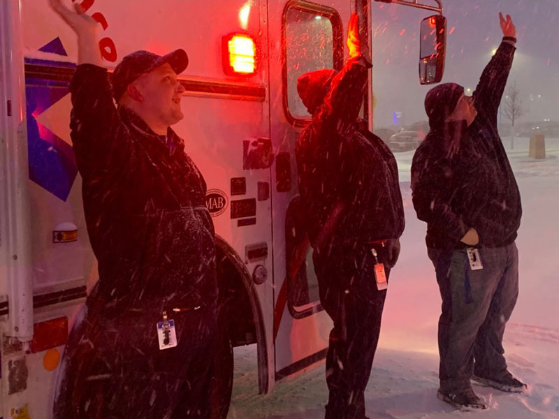 The next night, first responders in Fargo, North Dakota, staged a similar parade with lights and sirens around Sanford Children's Hospital in Fargo. (Photo by Nathan Aamodt, Sanford Health)