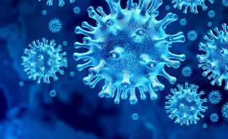 Coronaviruses under electron microscope on blue background. Illustration of COVID-19.