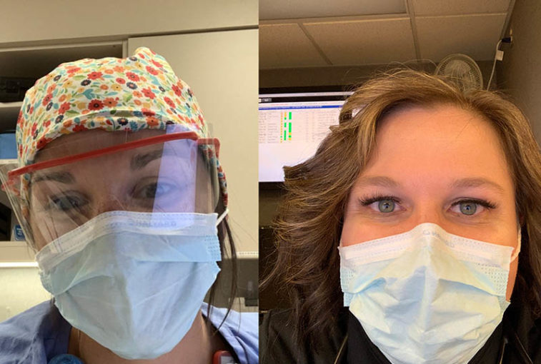 Two women wear face masks in side-by-side mugshots