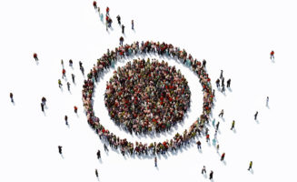 Herd immunity illustration. Human crowd forming a big target symbol on white background.