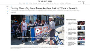 Wall Street Journal screenshot with headline "Nursing homes say some protective gear sent by FEMA is unusable"