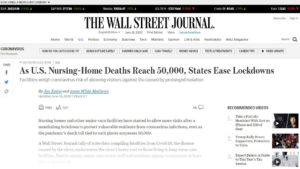 Wall Street Journal screen shot with headline "As nursing-home deaths reach 50,000, states ease lockdowns"