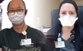 Oliver Wang and Sarah Holsten in surgical face masks