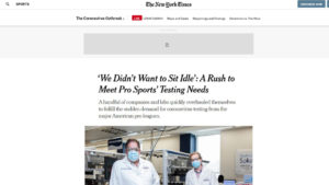 Screen shot from New York Times website with headline "'We didn't want to sit idle: A rush to meet pro sports' testing needs"