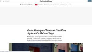 Screen shot from New york Times with headline "Grave shortages of protective gear flare again as Covid cases surge"