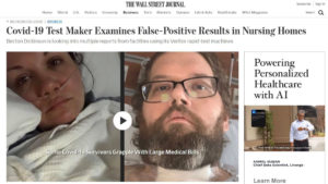 Wall Street Journal website screen shot with selfies of male and female hospital patients and headline, "COVID-19 test maker examines false positive results in nursing homes"