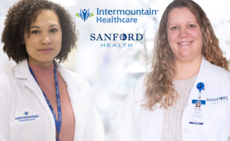Photo collage with two doctors, one from Intermountain Healthcare, one from Sanford Health. Both company logos appear in blue in the middle.