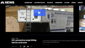 Screen shot from NBC Nightly News website. Video of emergency medical services truck with headline "U.S. coronavirus surge hitting hard in rural areas"