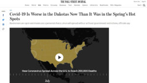 Wall Street Journal website screen shot with map of United States and headline "COVID-19 is worse in the Dakotas now than it was in the spring's hot spots"