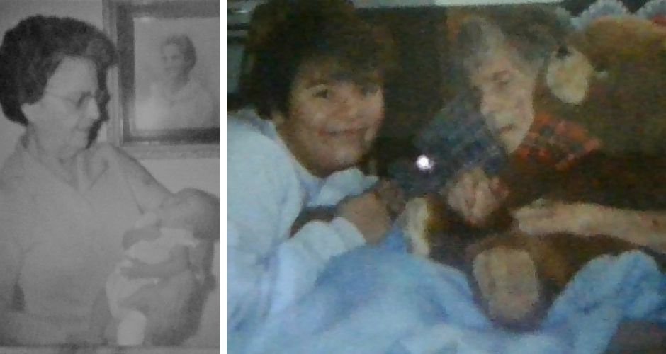 Two-photo collage. Left, in black and white, an older woman holds a baby Andrea Keck with a cast on her leg. Right, in color, Good Samaritan Society nurse Andrea Keck smiles next to her grandmother, who is wrapped in a plaid blanket and holding a teddy bear in bed.