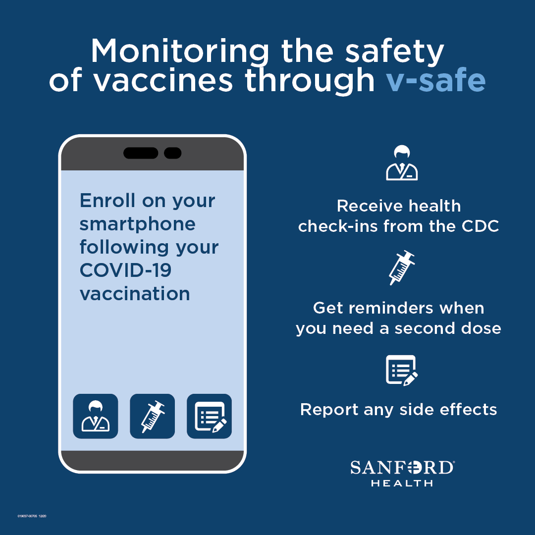 Graphic illustration of mobile phone with apps on screen, titled "Monitoring the safety of vaccines through v-safe: Enroll on your smartphone following your COVID-19 vaccination. Receive health check-ins from the CDC. Get reminders when you need a second dose. Report any side effects."