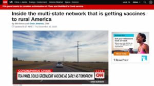 CNN website screen shot with Sanford Health courier van on open highway, under headline "Inside the multi-state network that is getting vaccines to rural America"