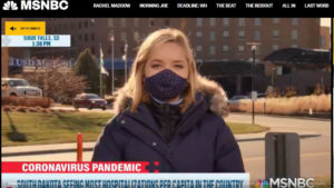 MSNBC website screen shot with video of reporter in front of hospital, with headline "Coronavirus pandemic: South Dakota seeing most hospitalizations per capita in the country"