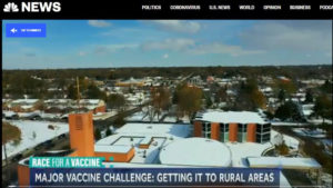 NBC news website screen shot with photo from above snowy Sioux Falls and headline "Race for a vaccine: Major vaccine challenge getting it to rural areas"