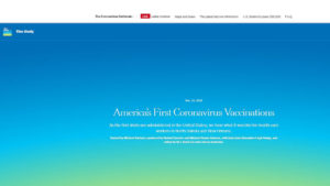 New York Times podcast screen shot of green to blue gradient background with white text: "The Daily - America's First Coronavirus Vaccinations"