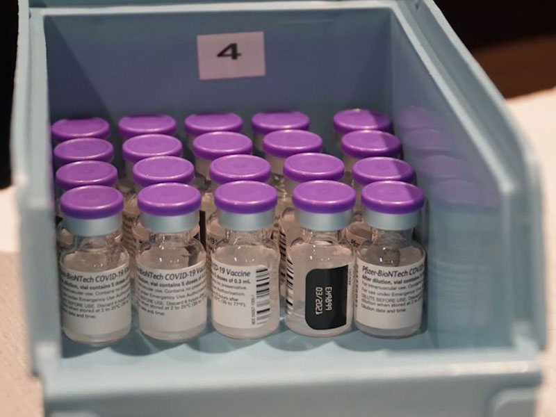 SLIDE SHOW (3/5): Vials of COVID-19 vaccine wait to be used at a vaccination event at Sanford Medical Center Fargo. (Photo by Nathan Aamodt, Sanford Health)