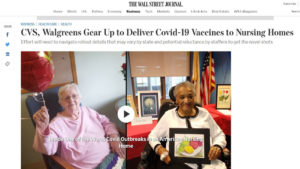 Wall Street Journal website screen shot with video of two older women in nursing home rooms under headline "CVS, Walgreens Gear Up to Deliver Covid-19 Vaccines to Nursing Homes"