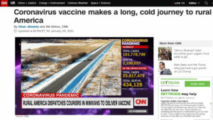 CNN website screenshot above photo of snowy highway with a single white minivan, under headline: "Coronavirus vaccine makes a long, cold journey to rural America"