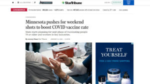 Screen shot from Star Tribune website with closeup photo of vaccination going into a patient's arm, under headline "Minnesota pushes for weekend shots to boost COVID vaccine rate"