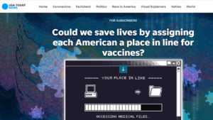 USA Today screenshot with headline "Could we save lives by assigning each American a place in line for vaccines?"