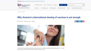 Screenshot of American Hospital Association blog with smiling woman vaccination patient under headline "Why America's international sharing of vaccines is not enough"