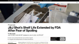 Screenshot of Bloomberg website with headline "J&J Shot’s Shelf Life Extended by FDA After Fear of Spoiling"