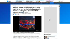 Screenshot of USA Today website with headline "People hospitalized with COVID-19 now have one overwhelming thing in common. They're not vaccinated."