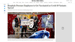 Screenshot of WSJ website with two men holding a giant "vax for the win" check under headline "Hospitals Pressure Employees to Get Vaccinated as Covid-19 Variants Spread"