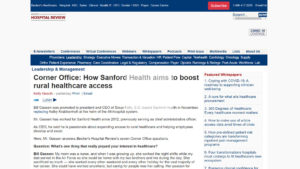 Becker's Hospital Review screenshot with headline "How Sanford Health aims to boost rural healthcare access"