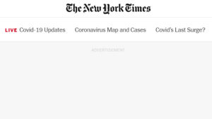 Screen shot from The New York Times with Times logo above tabs for "Live COVID-19 Updates," "Coronavirus Map and Cases," and "Covid's Last Surge?"
