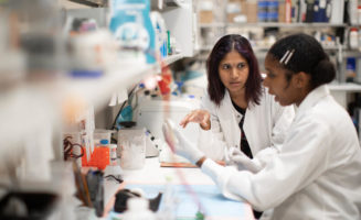 A Sanford Research scientist and undergraduate research student examine and discuss the contents of a petri dish at the lab bench.